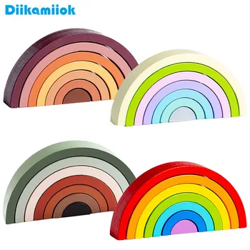Heißer Bogen Brücke Regenbogen Bausteine Kinder Montessori Lernspiele Farbe und Form Kognitive Holz Spielzeug