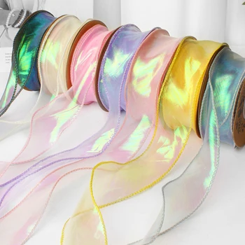 40mm 10yards Fischschwanz Organza Band reflektierende schillernde gewellte Kante Band für Geschenk verpackung