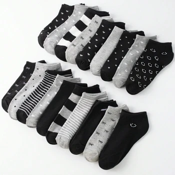 20 Paar passende kurze Familiensocken für Damen/Herren, Serie Schwarz und Grau mit Schleife, Herz, Streifen