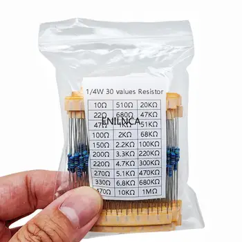 30 Arten 1/4 W Widerstand 1% Metall Film Widerstand Pack Assorted Kit 1 K 10 K 100 K 220 ohm 1 M (600 Stück)