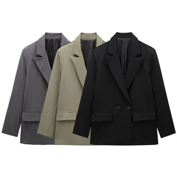 Willshela Frauen Mode Mit Taschen Solide Zweireiher Blazer Vintage Lange Ärmel Kerb Neck Weibliche Büro Dame