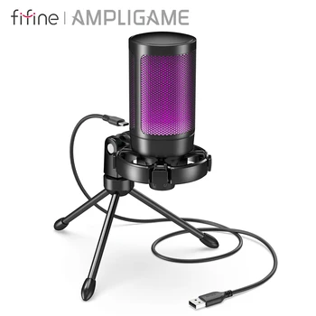 AmpliGame by FIFINE RGB-USB-Gaming-Mikrofon mit Licht-Touch-Stummschaltung, Kondensatormikrofon mit Stativ