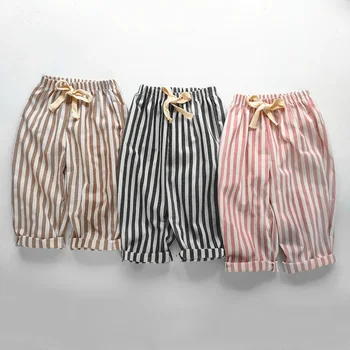 Frühling Sommer Jungen Gestreiften Lose Hosen Baby Mädchen Vintage Casual Leinen Baumwolle Harlan Hosen Kinder