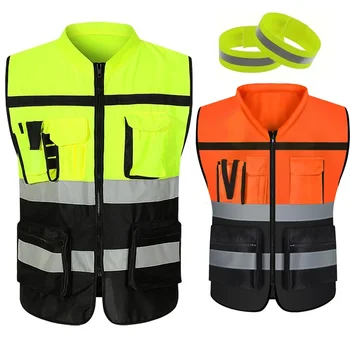 Hohe Helligkeit Streifen Unisex Weste Atmungsaktive Arbeitskleidung Multi Tasche Schutzkleidung Sicherheit