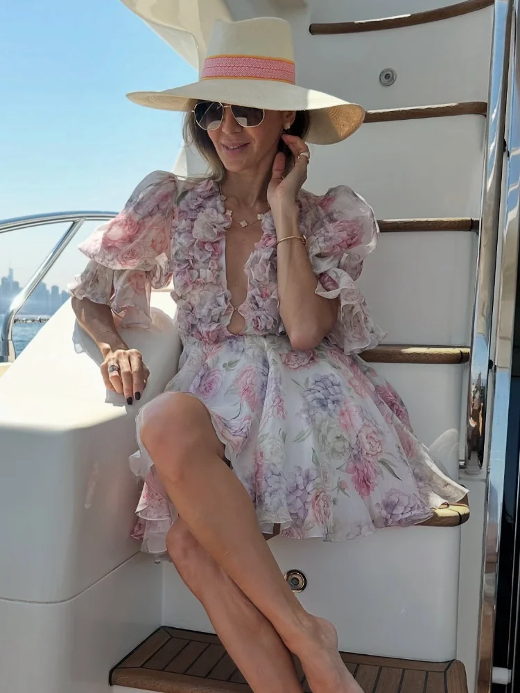 Süße Rosa Chiffon Frauen Kurzes Kleid Mode 3D Blume Große – Bild 2