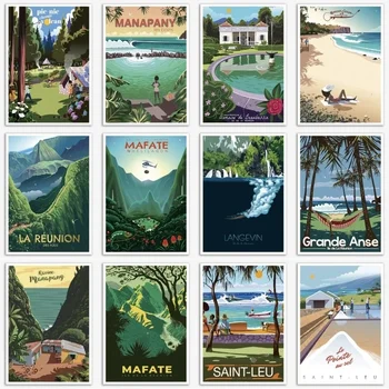 Landschaft Vintage Reise Poster und Drucke Französisch Reunion Insel Urlaub Wand Kunst Retro Nostalgische/Alte
