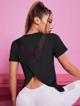 Yoga-Outfit Damen Sommer Sport T-Shirt locker atmungsaktiv schnell trocknend Top Mesh Rücken Training Fitness