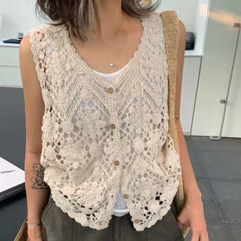 Bestickte Blumen-Häkelweste für Damen, Durchbrochene Ärmellose Strickjacke, Boho Sommer Festival Outfit