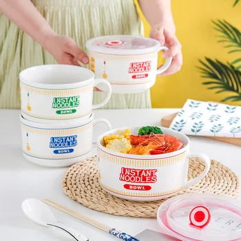 Japanische Keramik-Nudelschüssel mit Deckel und Griff, großes Fassungsvermögen, niedliches Design