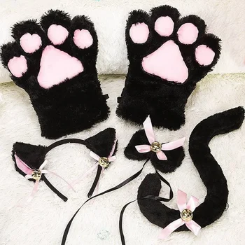 Katzen ohr Bogen Stirnband Halskette Katze Klaue Handschuhe Cosplay Plüsch Glocke Haarband Frauen Mädchen