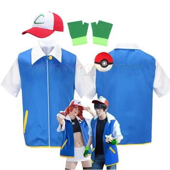 Neuartiges Anime-Trainer-Rollenspiel-Kostüm Ash Ketchum Ostern Halloween Disfraz Karnevalsparty Blaue Jacke
