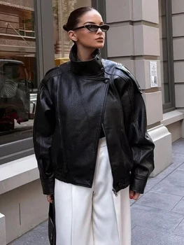TFMLN 2025, Damen-Jacke aus Kunstleder, lockere Jacke, High Street, Stehkragen, Langarm, Mantel, modisch