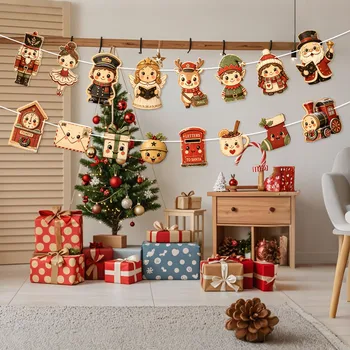 Weihnachtsgirlande, Nussknacker, Weihnachtsmann, Elf, Rentier, Engel, Zug, Glocke, Weihnachtsstrumpf