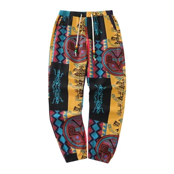 Herren-Hose aus Stretch-Leinen mit Boho-Tribal-Print, Baumwollmischung, Kordelzug, leichte Hose mit Taschen