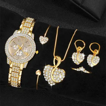 Damen Quarzuhr Gold Luxus Damen Ring Halskette Ohrring Strass Mode Armbanduhr lässig Damen Uhren Schmuck Set