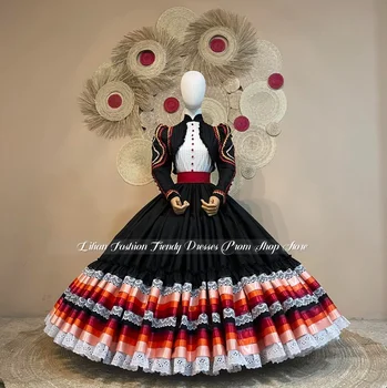 Maßgeschneidertes Traditionelles Mexikanisches Fiesta-Kostüm Schwarz-Weiß-Orangefarbener Mehrlagiger Rock