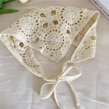 Damen Beige Dreieck-Haarschal Bandana Gehäkelter Transparenter Netzschal Retro Kopftuch Vielseitiger Halstuch