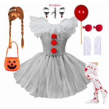 Gruseliges Clown-Kostüm für Mädchen, Graues Tüll-Tutu-Kleid, Cosplay-Outfit für Halloween, Karneval der Toten