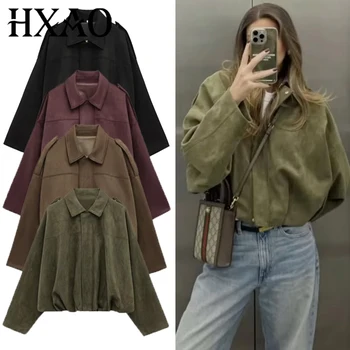 HXAO Damen-Bomberjacke, Revers, lange Ärmel, Reißverschluss, Wildlederjacke, Damen, 2025, High Street