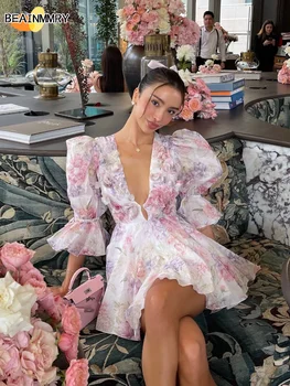 Süße Rosa Chiffon Frauen Kurzes Kleid Mode 3D Blume Große Puff Sleeve V-ausschnitt Hohe Taille EINE Linie