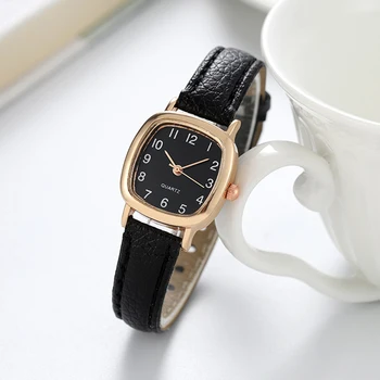 Damenuhr, modisch, kleine arabische Quarzuhren, Lederband-Armbanduhren