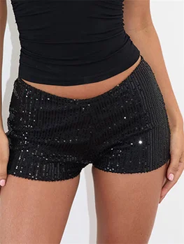 Damen-Shorts mit Pailletten, Sommer-Shorts mit niedrigem Bund und elastischem Bund, heiße Streetwear