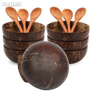 Natürliches Kokosnuss-Schalen-Set Handgefertigtes Holzgeschirr Holzlöffel Dessert-Obst-Salat-Mischschale