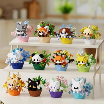 Niedliches Dessert, kleine Tiere, Topfstrauß, Cartoon-Puppe, Panda, Welpe, Baustein, Ornament