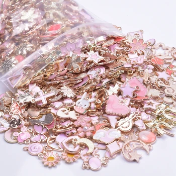 Mädchen Rosa Tropf Öl Zubehör Zufällig Mixed Stil Charme Tier Herz Blume Mond Anhänger DIY Schmuck (50 Stück)