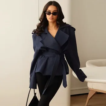 F Neue Mode Lace up Abgeschnitten Trenchcoat Frauen Revers Lange Ärmel Breite Schulter Windjacke Herbst
