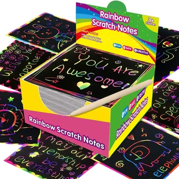 Kratzpapier-Kunstset zum Rubbeln von Regenbogen-Zauberpapier mit 2 Bambus-Stylus, schwarze (100 Stück)
