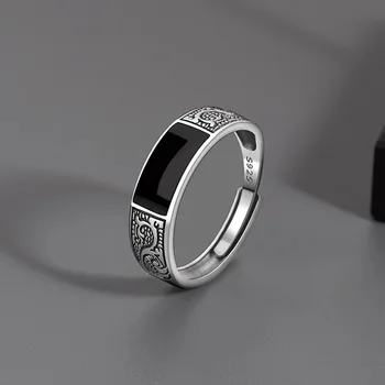925 Sterling Silber Herrenring Luxus Schwarzer Edelstein für Männer Hochzeit Feiner Schmuck Accessoires