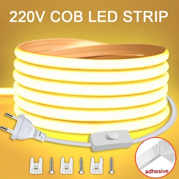 220 V LED-Streifen mit EIN/AUS-Schalter, wasserdichter COB-LED-Streifen, 220 V flexibles Band für Zimmer