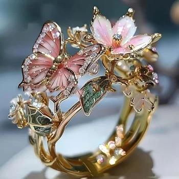 Ästhetische Blume Schmetterling Ringe für Weibliche Romantische Strass Stilvolle Lichtecht Öffnung Ring Frauen