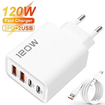 4-Port 120W USB-C Schnellladestation PD QC3.0 Wandadapter Datenkabel für iPhone Samsung Xiaomi Huawei EU US UK