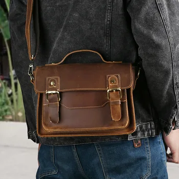 Luufan Crazy Horse Leder Herren-Umhängetasche Vintage Messenger-Taschen für Männer Kleine