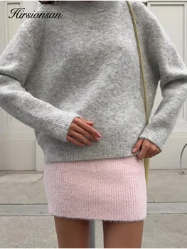 Hirsionsan Basic O-Ausschnitt Basic-Ärmel-Pullover für Damen, 2025, übergroß, kurz, gestrickt, Wollpullover