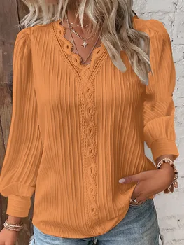Elegante Sommer Hohl Spitze Patchwork Frauen Hemd Chic Bluse V-ausschnitt Langarm Hemd Plain Spitze Casual