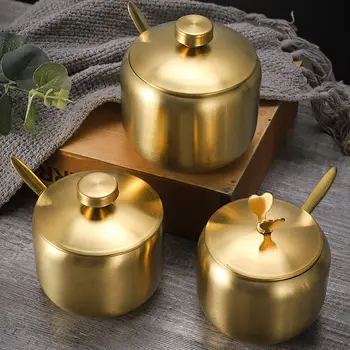 Gold Silber Zucker dose mit Löffel Deckel Edelstahl kleiner Gewürz behälter große Kapazität Gewürz topf Küche