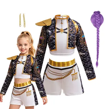 Kinder-Halloween-Kostüm 3-teilig Mädchen Sänger Bühnenoutfit Crop-Jacke Hemd Shorts Rollenspiel-Kleidung