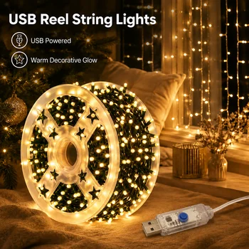 Weihnachts-Lichterkette USB LED-Lichter 260/320/400LED 8 Modi Aufrollbare Aufbewahrung für Garten, Balkon