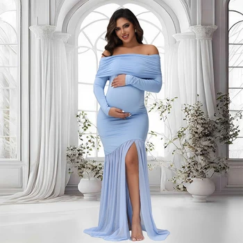 Umstandskleider für Fotoshooting, schulterfrei, mit Schlitzen, Fischschwanzsaum, Babyparty-Kleidung
