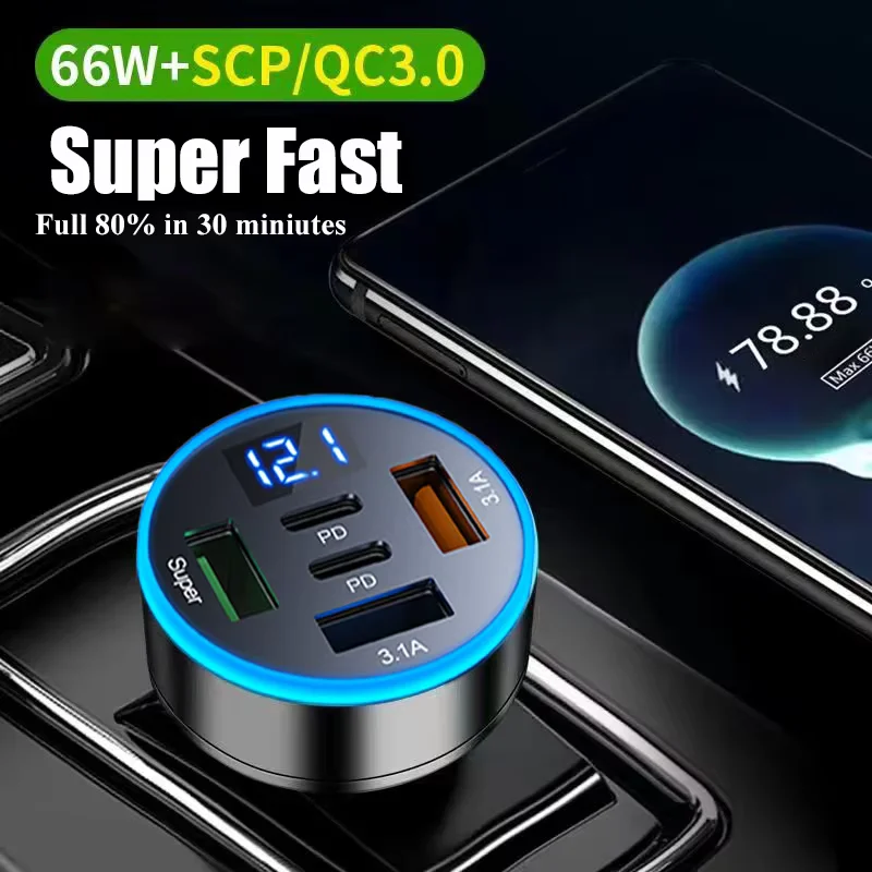 Auto-Ladegerät 5-in-1 mit Spannungsanzeige, 2× USB-C PD – Bild 2