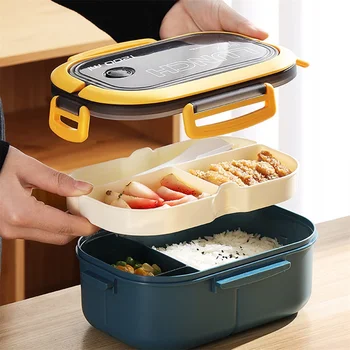 1 Packung 1200ML 2-Schicht Bento-Lunchbox mit Löffel und Gabel, Kinder-Hochkapazitäts-Lebensmittelbehälter