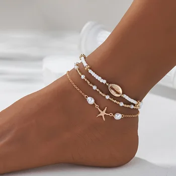 Damen-Knöchelketten im böhmischen Stil für den Strandurlaub, dreilagiges Fußzubehör mit Reisperlen, Muscheln