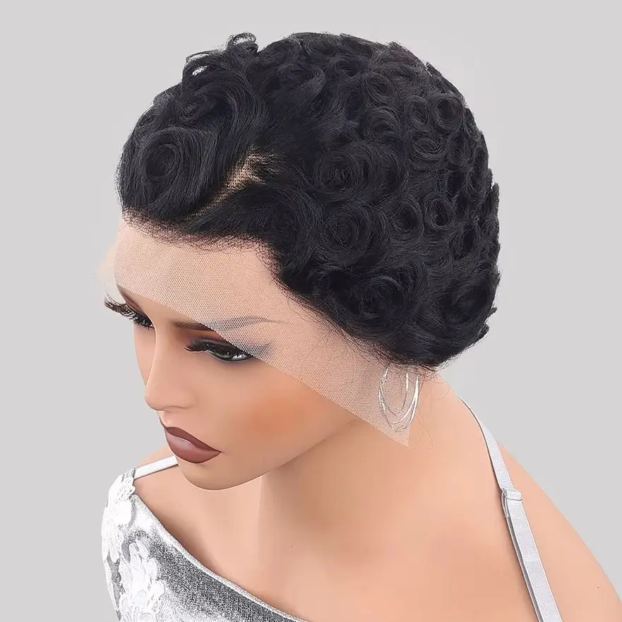 Lockige 13x4 HD Lace Front Echthaarperücke, Pixie Cut – Bild 3