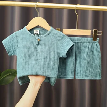 0-5Y Jungen Mädchen Kleidung Sets Sommer Solide Baumwolle Leinen T-shirts + Elastische Shorts Kinder Kleidung
