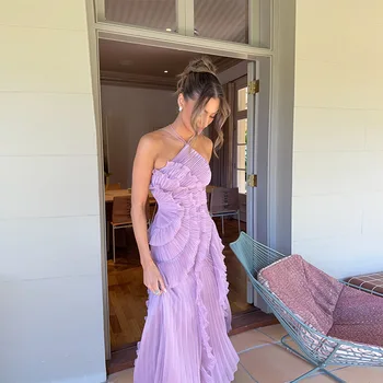 Sommer temperament plissiert neckholder lange urlaub kleid lila trägerlosen 2025, NEUE club kleidung Vestidos