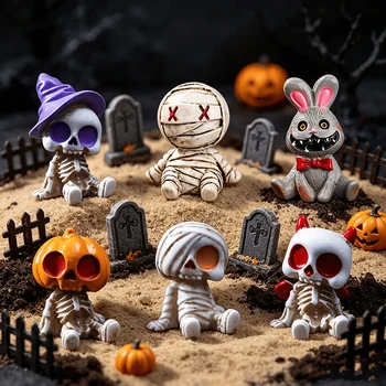 Halloween Miniatur-Figuren Harz-Skelett-Mumien-Statuen für DIY Mikro-Landschaft Bonsai Auto (6 Stück)