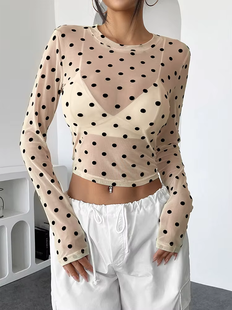 Damen Polka Dots Langarm Mesh Tops Sexy Durchsichtige – Bild 4